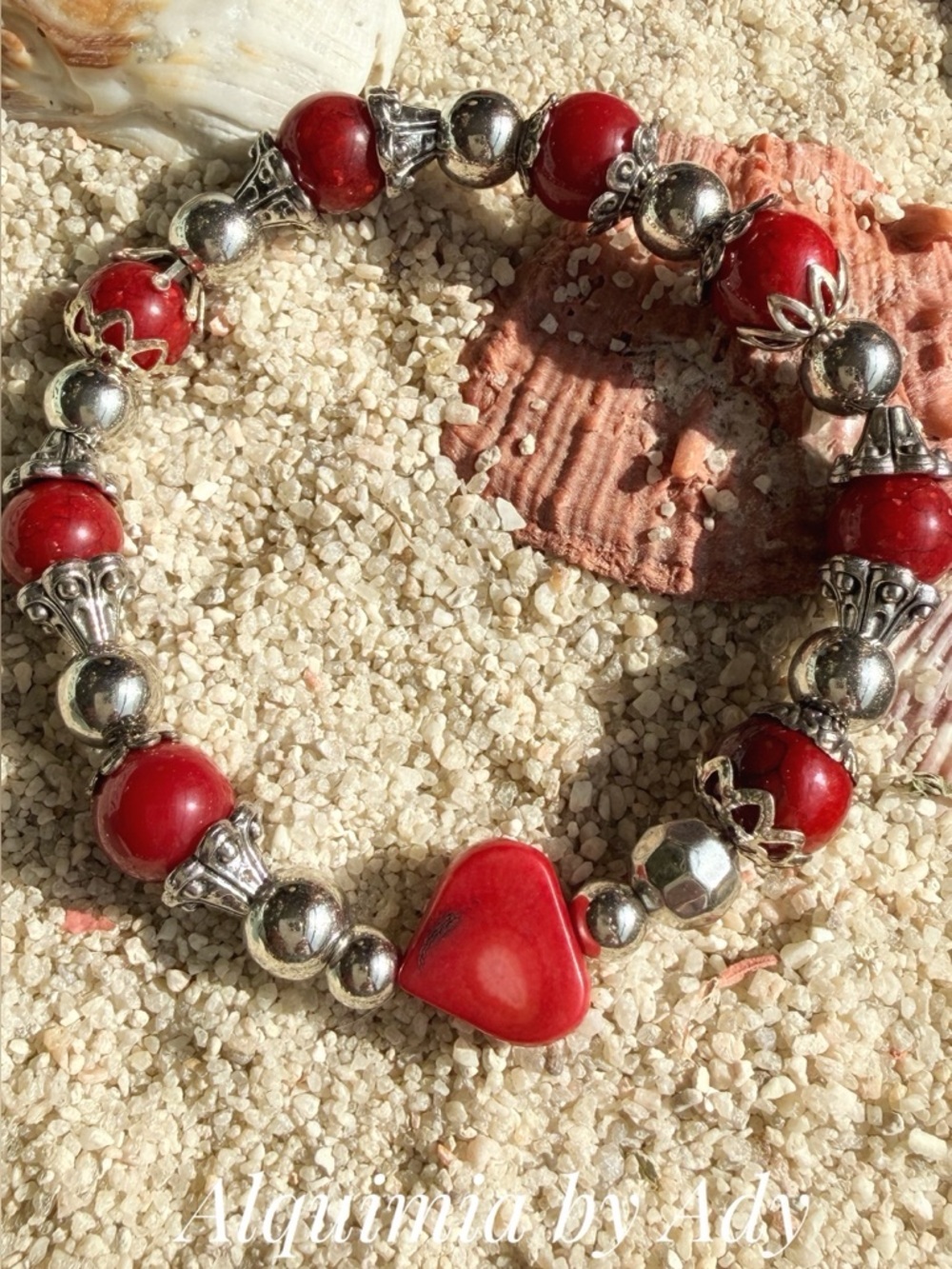 Coral 🪸 Red Beaded Bracelet with Silver Accents